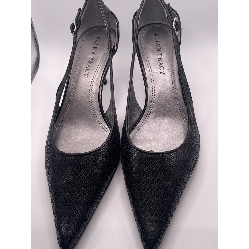 Ellen Tracy Black Sequin 7.5 Sling back Pumps Kitten Heels